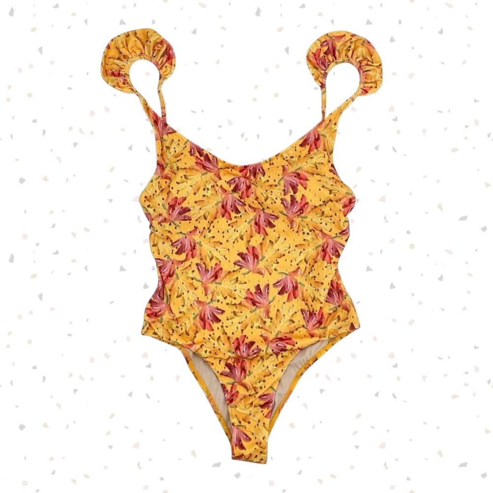 Farm Rio Banana Sunshine One Piece Swimsuit Yellow Flutter Shoulder Size L NEW